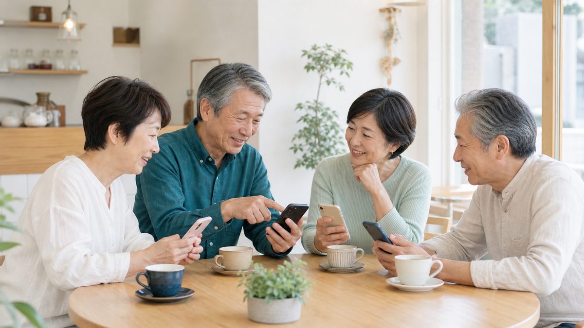 カフェで少人数のスマホ勉強会をしている様子