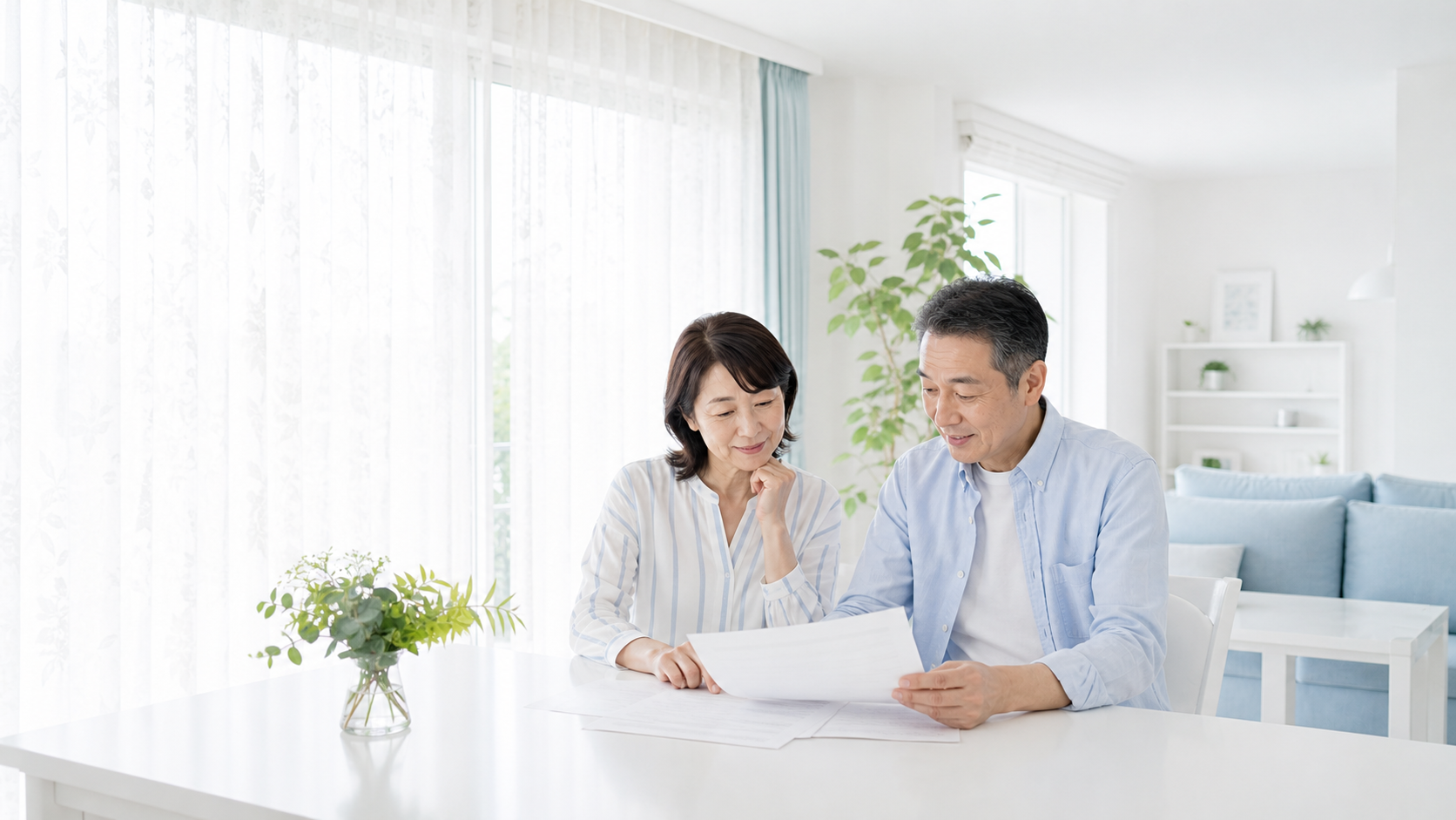 明るいダイニングでスマートフォンの料金明細を確認する日本人夫婦