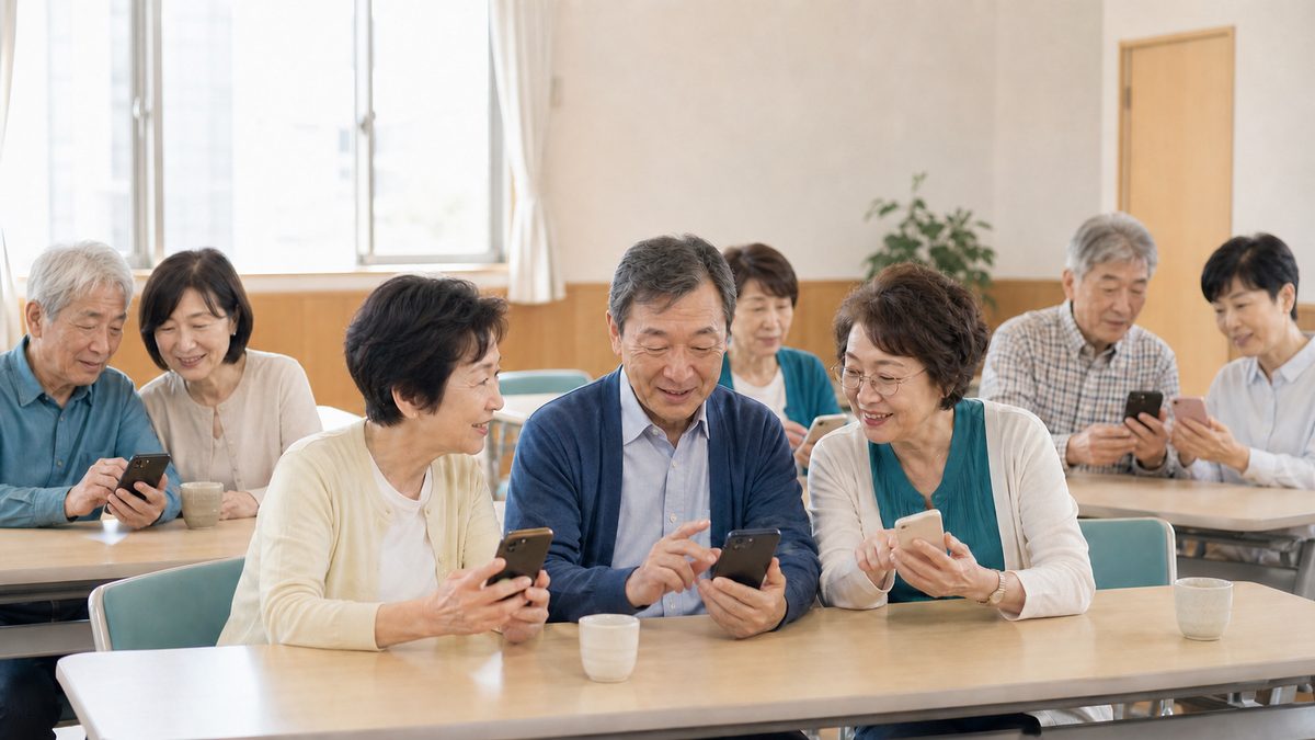 公民館でスマートフォンの使い方を確認しあうシニアの方々
