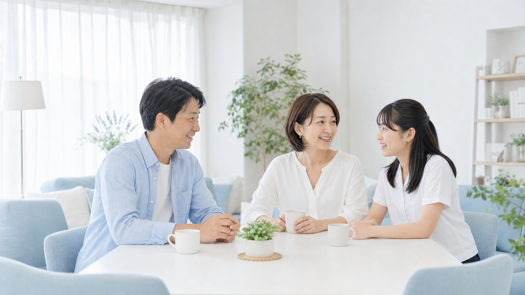 明るいダイニングで笑顔で話す日本人の家族3人